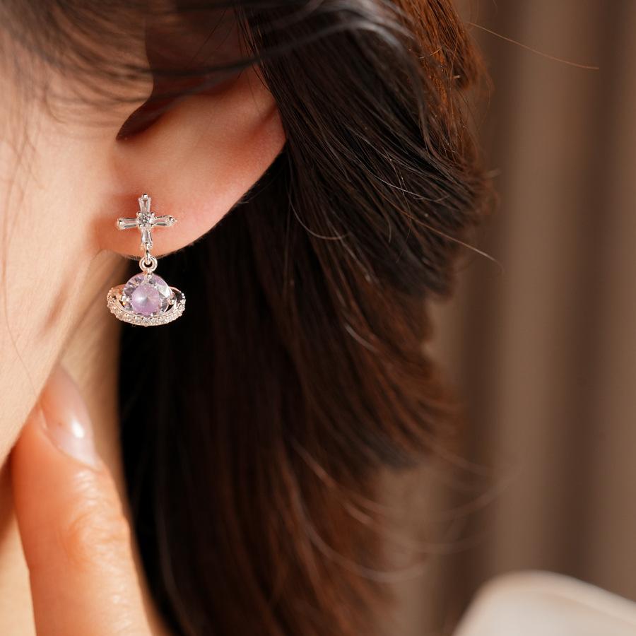 925 Silver Needle Cross Saturn Earrings | Minimalist Cool Style Zircon Planet Earrings Luxury Jewelry