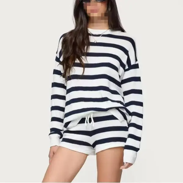 Women’s Striped Knit 2 Piece Lounge Set, Oversized Crew Neck Long Sleeve Sweater Top & Drawstring Shorts, Casual Cozy Matching Outfit for Spring Fall, Travel and Home
