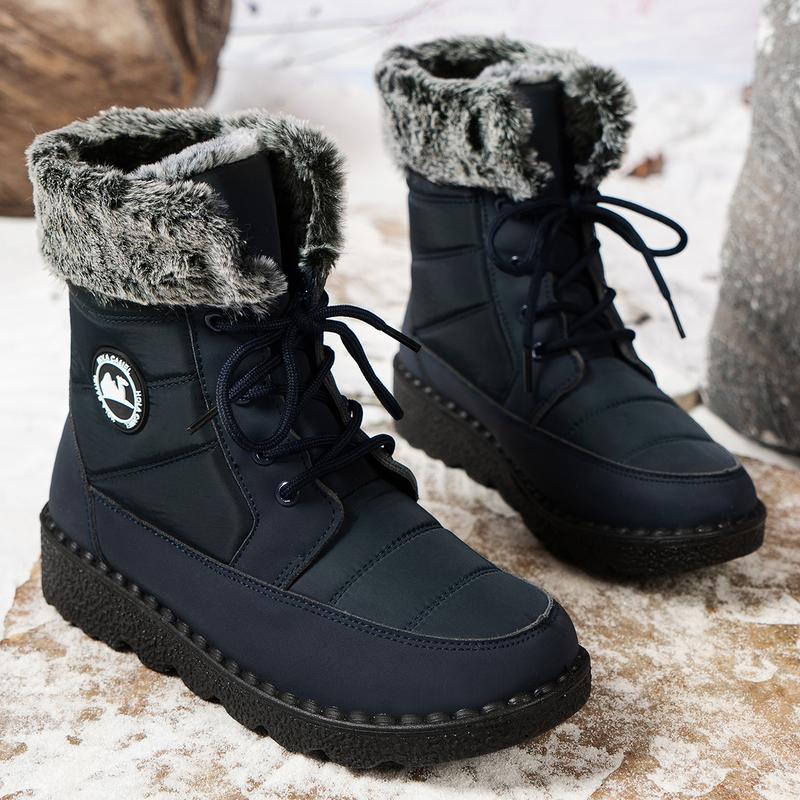 Women's Snow Boots Insulated Waterproof Winter Boots for Women Warm Fur Lined Booties High-heeled Snow Boots Lace-Up Mid-Calf Design Faux Fur Cozy Warm Black