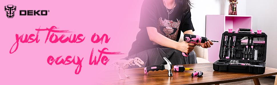 Drill Set, Home Tool Set with 8V Pink Cordless Drill, Hand Tool Kit for Women, 126 pcs