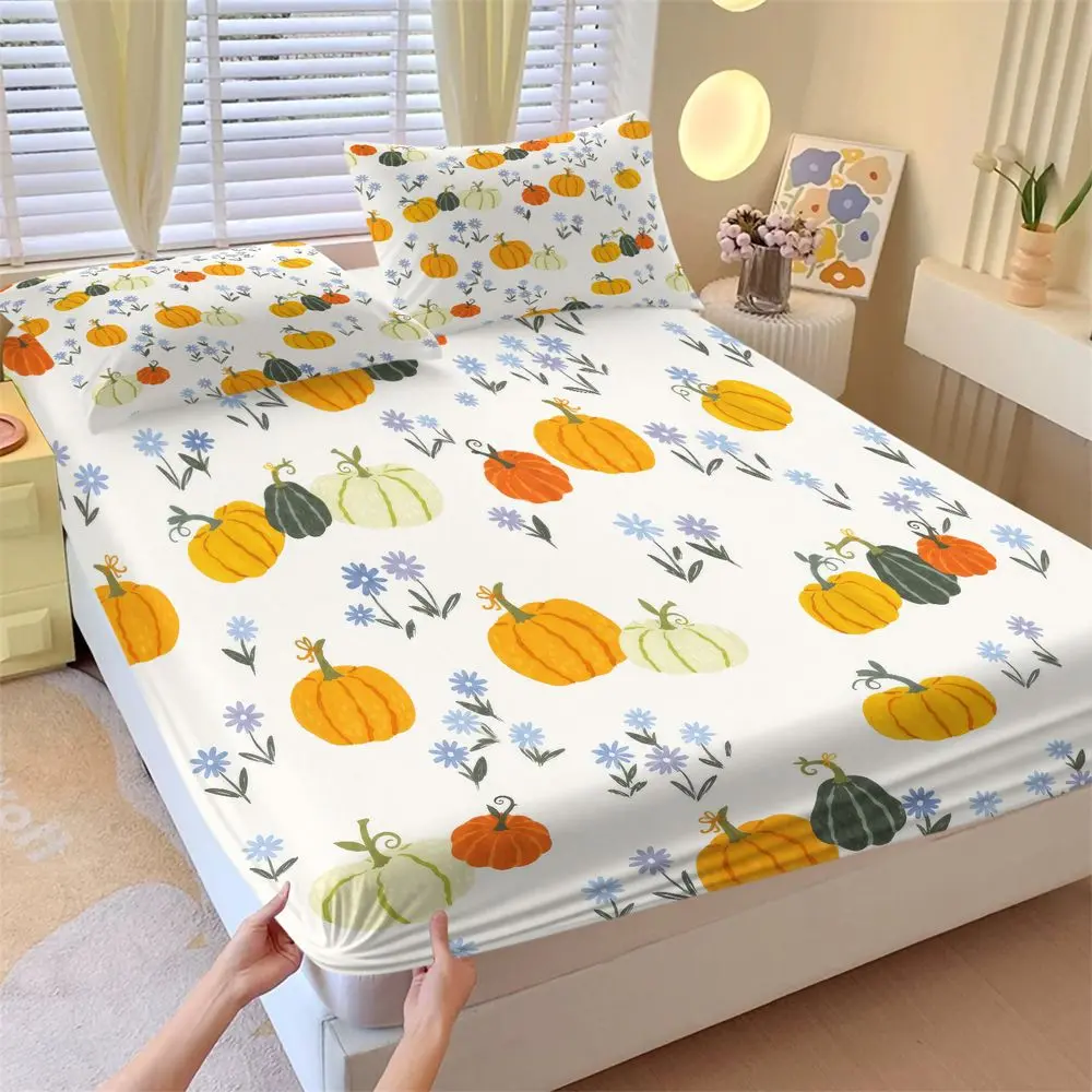 3Pcs Fall Pumpkin Fitted Sheet Set, Cozy Thanksgiving Bed Sheets Set for Bedroom, Soft Floral Bedding Set, Autumn Harvest Decorative Bed Linen for Home Decor No Fillers