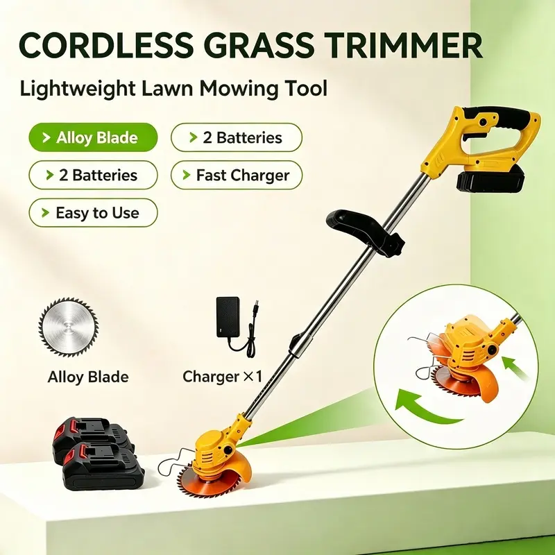 Portable household garden weeder, cordless electric lawn mower, multifunctional weeding and trimming tool with two batteries, efficient cutting, suitable for yard, garden, and lawn weeding and maintenance