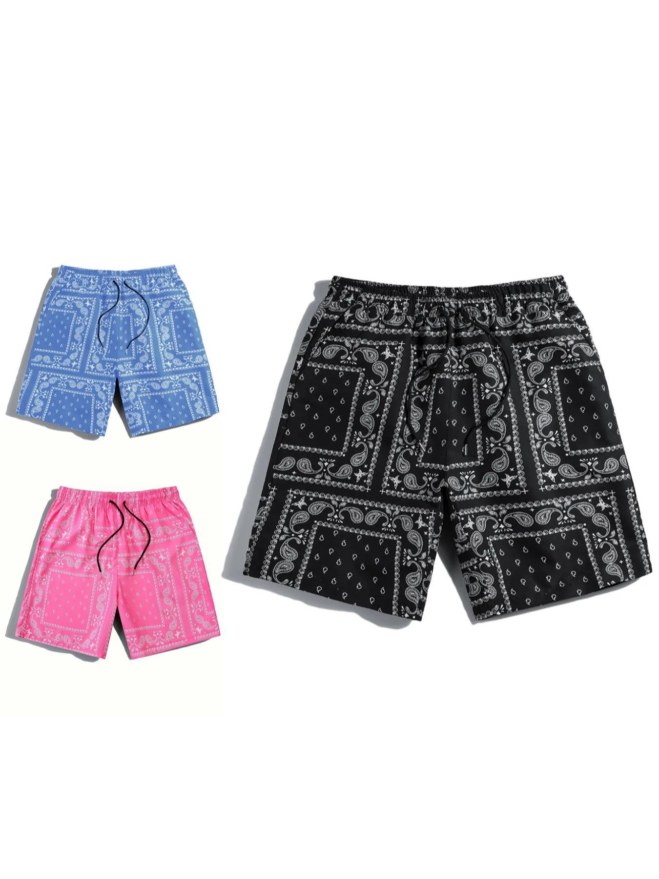 3 PCS Men's Ethnic Paisley Print Drawstring Shorts Summer Beach Swim Trunks Lightweight Graphic Casual Shorts Comfy Vacation Apparel Ideal for Back to School Outdoor Travel Trendy cargo shorts men's shorts summer workout