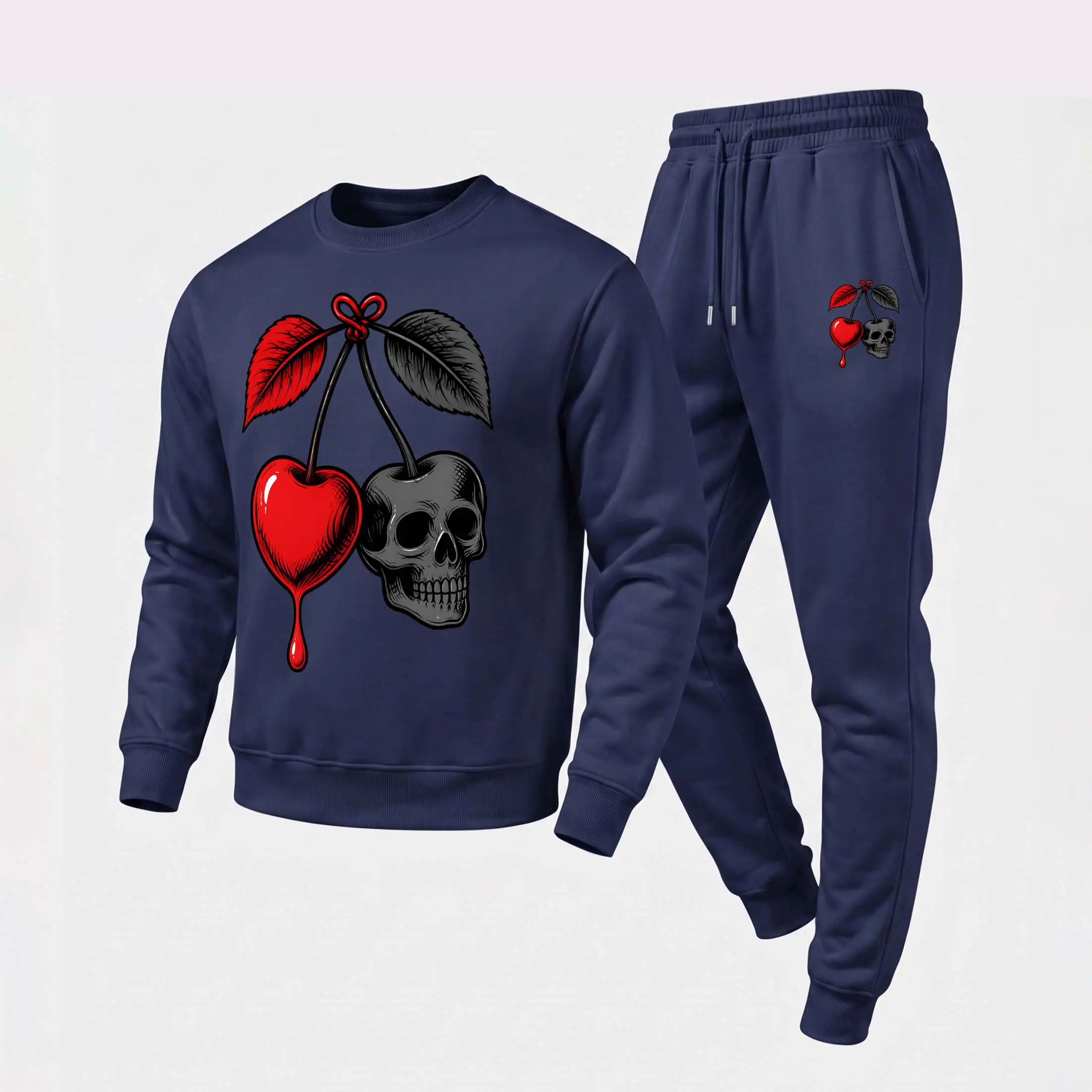 Men's 2-Piece Gothic Cherries & Skulls Graphic Crewneck Hoodie & Jogger Set, Minimalist Menswear Long-Sleeve Pullover with Drawstring Pants, Thick Fabric Day Tracksuit for Fall Winter Lounge, Workout, Loose