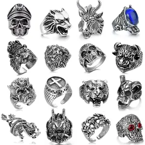 16-24 Pcs Vintage Punk Rings Set Gothic Biker Adjustable Rings Skeleton Skull Ring Feather Snake Dragon Lion Wolf Tiger Head Ring