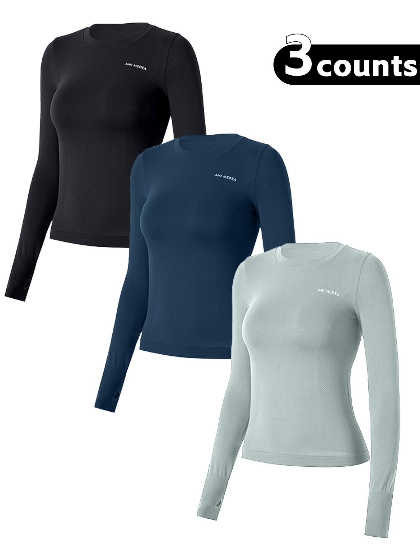 Women's Letter Print Thumb Hole Design Sports Tee, Quick Drying Breathable Round Neck Long Sleeve T-shirt for Gym Workout Running, Ladies Sportswear for All Seasons, Gym Tees, Sports Tops