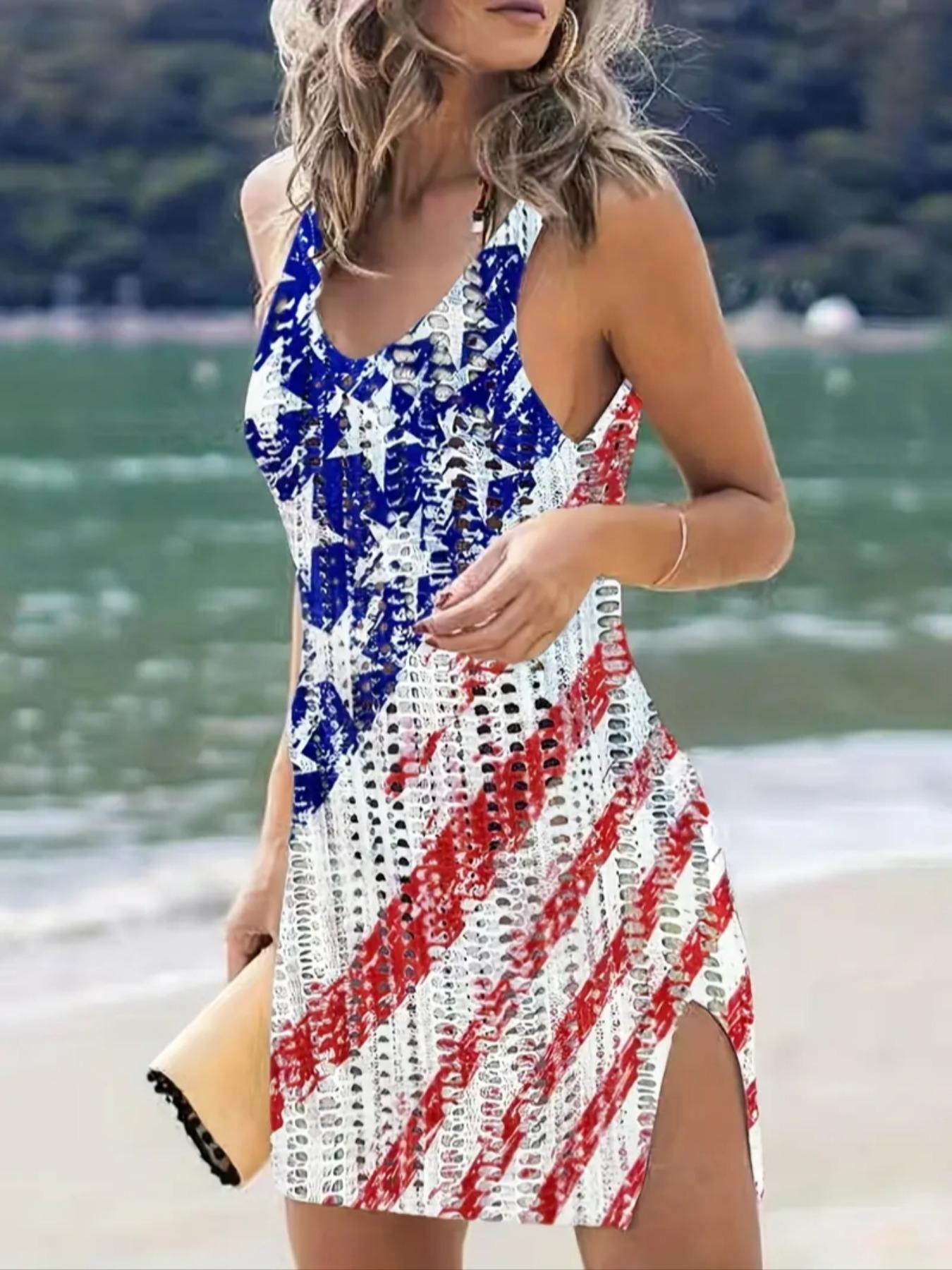 Women's American Flag Pattern Hollow Out Split Thigh 4th Of July Tank Dress, Casual Summer Scoop Neck Sleeveless A Line Dress for Summer, Casual Wear, Summer Casual Sundress, Casual Dresses