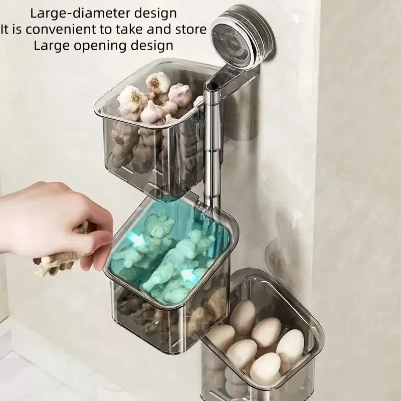 1pc Dual Suction Rotating Kitchen Ginger Garlic Box Shelf, Wall-Mounted Storage Organizer, No Drilling Required, Kitchen Accessories