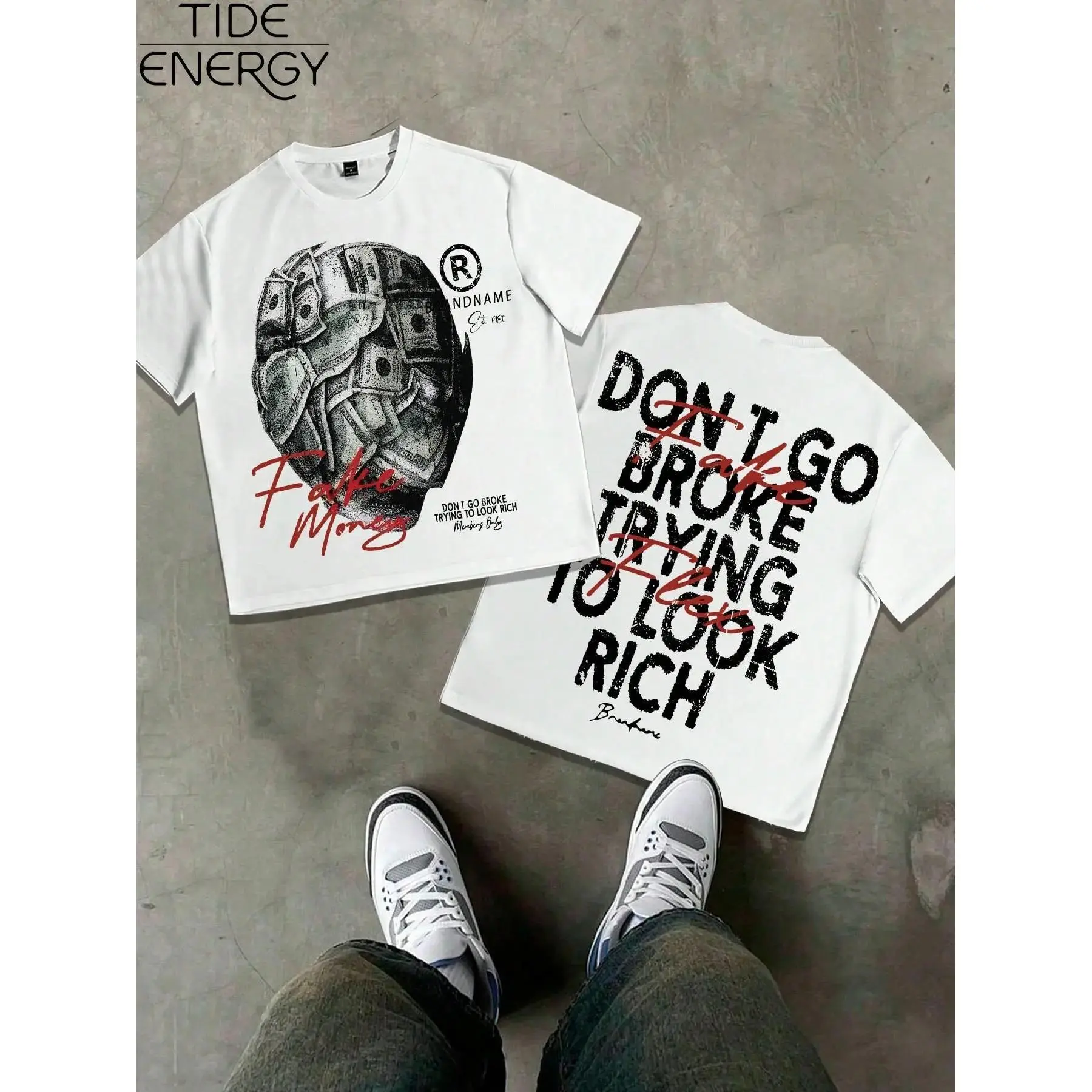 Men's Hip Hop Street Style T-Shirt, Oversized Top with 'fake Money' Skull and 'don't Go Broke' Print, Casual Cotton Short Sleeve