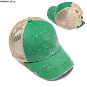 Summer Distressed Mesh Cap, Vintage Washed Green Criss Cross Back Ponytail Baseball Cap Ripped Denim Front Breathable Mesh Back Adjustable Strap Sun Hat, Lightweight Outdoor Headwear for Women Daily Travel Sports Styling