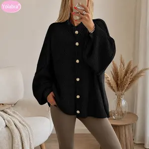 Yolabra Stand Collar Oversized Knit Cardigan Gold Button Front Chunky Knit Jacket Puff Batwing Long Sleeve Sweater Coat Relaxed Loose Fit Casual Knit Outerwear Thick Soft Textured Knit Button Shirt