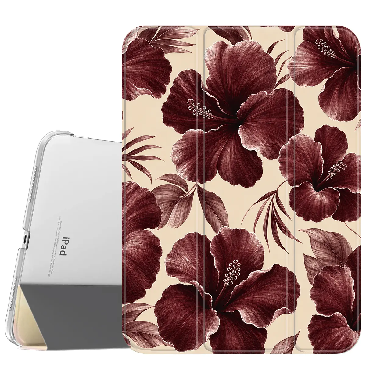 Watercolor Hibiscus Flower iPad Case for iPad Air 11 M3 2025, iPad Pro 11/13 inch, iPad 10th Gen 10.9, iPad Mini 6/7, Vintage Burgundy & Tropical Floral Pattern Protective Tablet Cover