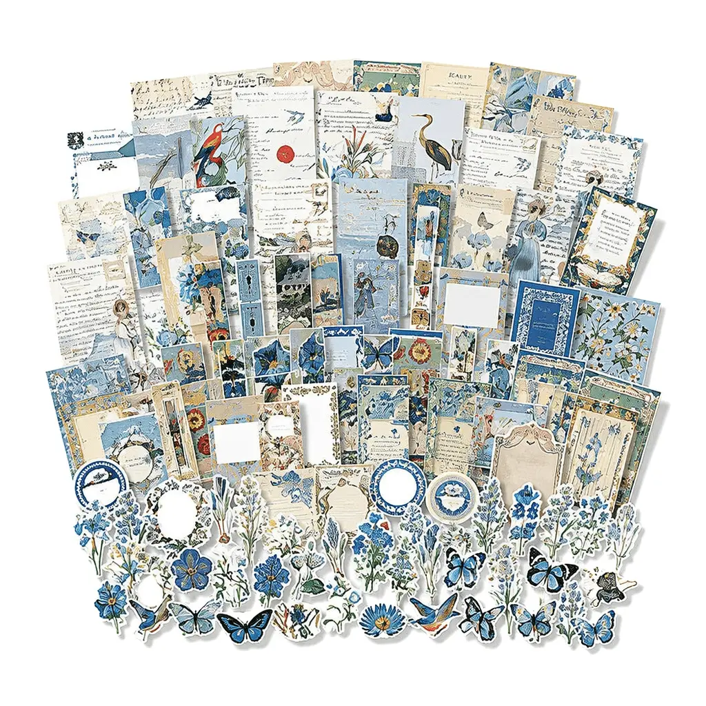 Vintage Sky-Blue Mixed Colors Ocean Breeze Planner Stickers (400-Piece Set) - Office Stationery, Room Decoration - For Planner Lovers - Features Butterflies, Flowers, Retro Envelopes, Decoration For Room