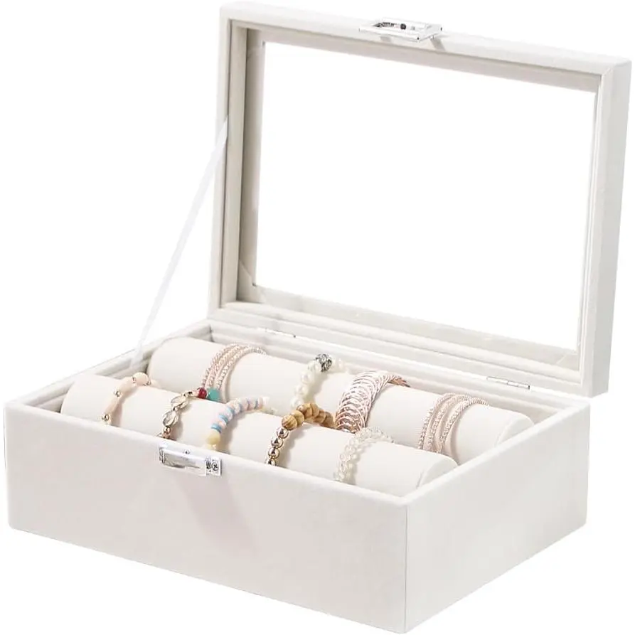 Bracelet Holder Organizer Box,  Storage Case with 2 Rods, Bangle Watch Display Tray for Women Girls (Beige)