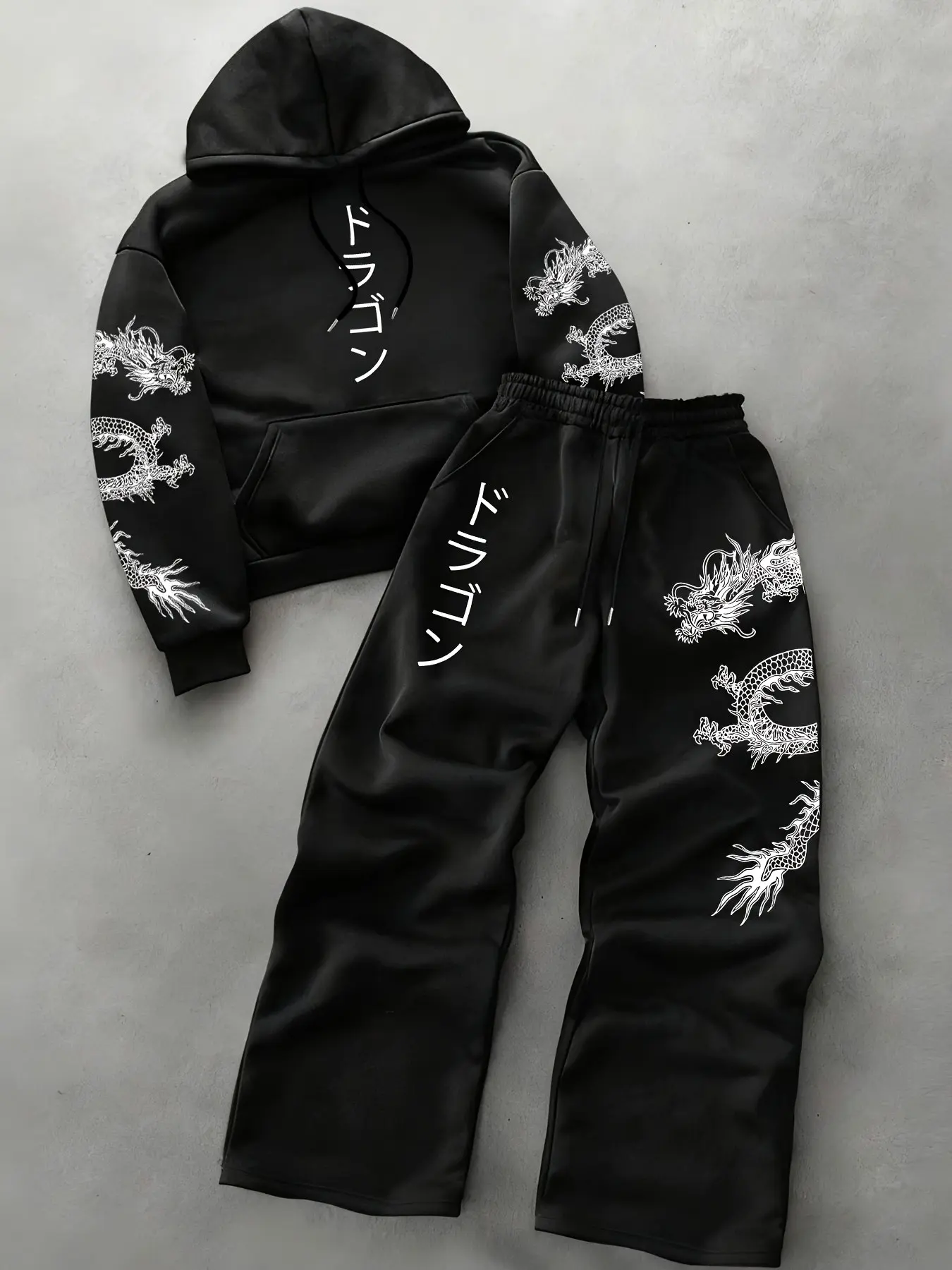 Y2K Urban Dark Streetwear White Dragon Kanji Print Matching Set Unisex Man Oversized Hoodie Wide Leg Sweatpants Soft Fleece Drawstring Hood Elastic Waist Casual Two Piece Outfit for Hip Hop Style Fall Winter Street Look