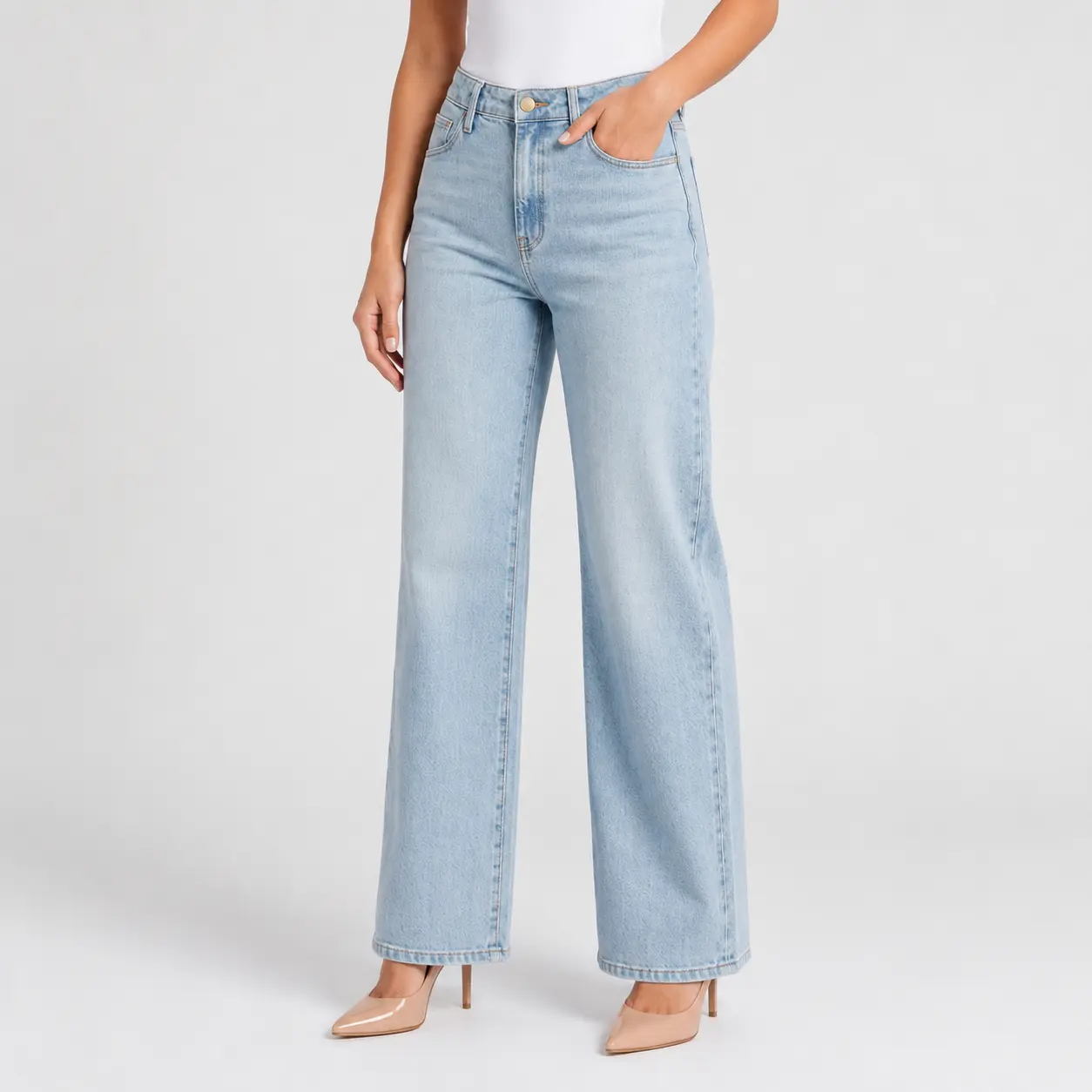 Women's Light Blue Washed High-Waist Wide-Leg Denim Jeans, Minimalist Retro Baggy Relaxed Jeans, Versatile Mid-Waist Jeans for Daily Wear