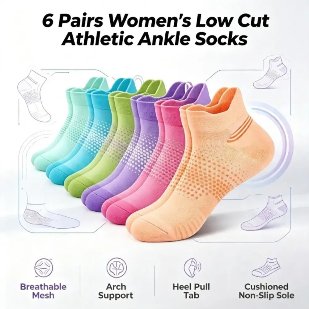 Women's French Terry Low Cut Athletic Ankle Socks (6 Pairs) - Cushioned Heel Tab, Arch Support, Breathable, Non-Slip, Quick-Dry, Lightweight Stretchy for Running, Gym, Daily Wear, Onesize