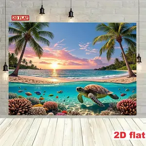 2D Flat Banner[Party Banners](39. 37*59 Inches/100*150 Cm), Made of Polyester, Featuring a Tropical Beach Theme Backdrop with Tropical Fish, Sea Turtles, Coral Reefs, Beaches, Palm Trees