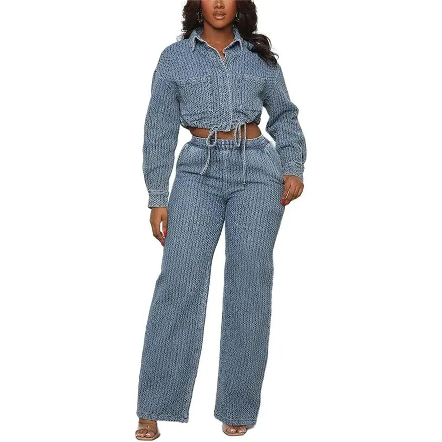 2 Piece Outfits for Women Button Up Denim Jacket Wide Leg Pants Denim Set Going Outfits for Women 2025