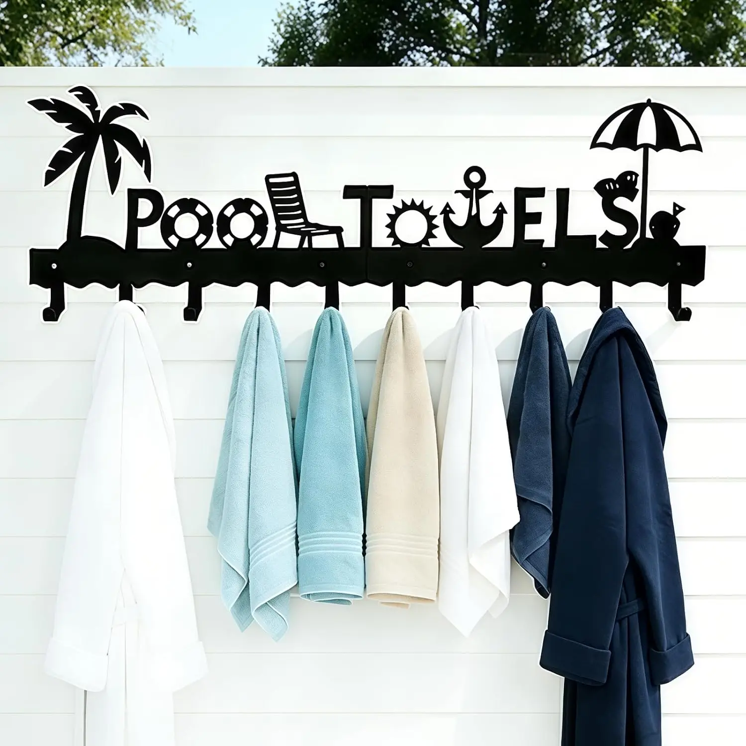 32 Inch Large Pool Towel Rack - Wall Mounted Outdoor Towel Holder with 10 Hooks, Carbon Steel Towel Organizer for Bathrobes, Towels, Clothes