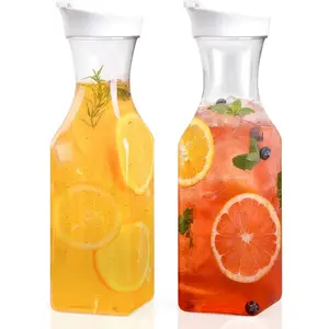 Set Of 2 Plastic Carafe With Lid, 50 Oz Mimosa Bar Supplies, Large Plastic Water Pitcher, Square Base Juice Containers For Party, Milk Container, Beverage Containers For Fridge- HAND WASH ONLY