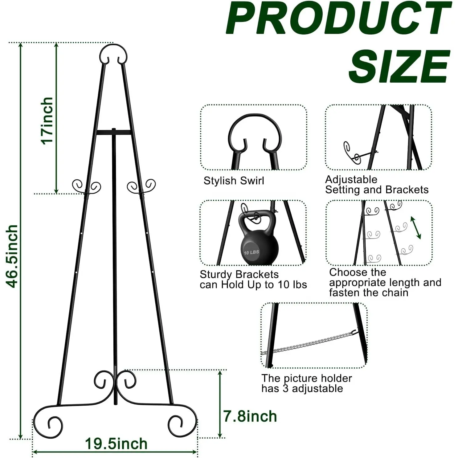 2 Pack 46'' Metal Round Tube Scroll Display Easel, Classic Black Decorative Large Adjustable Floor Standing Easel with Chain Support, Perfect for Showcasing Pictures, Artwork, Wedding Sign Etc