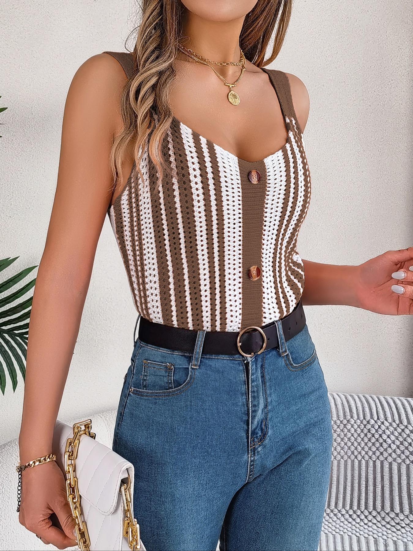 Women's Colorblock Striped Print Fake Buttons Hollow Out Sweater Vest, Casual Sleeveless Straps Knit Top for Summer, Ladies Clothes for Daily Wear