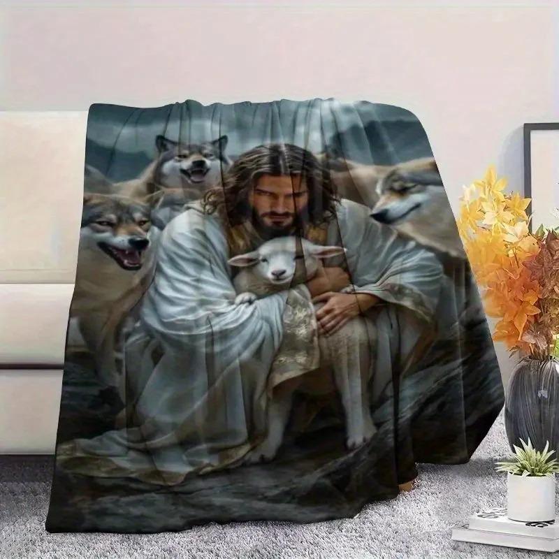 God's Redemption Jesus Sheep Design Flannel Blanket Digital Plush Nap Blanket Soft Warm for All Seasons Ideal for Sofa Office Travel Camping Bed Use