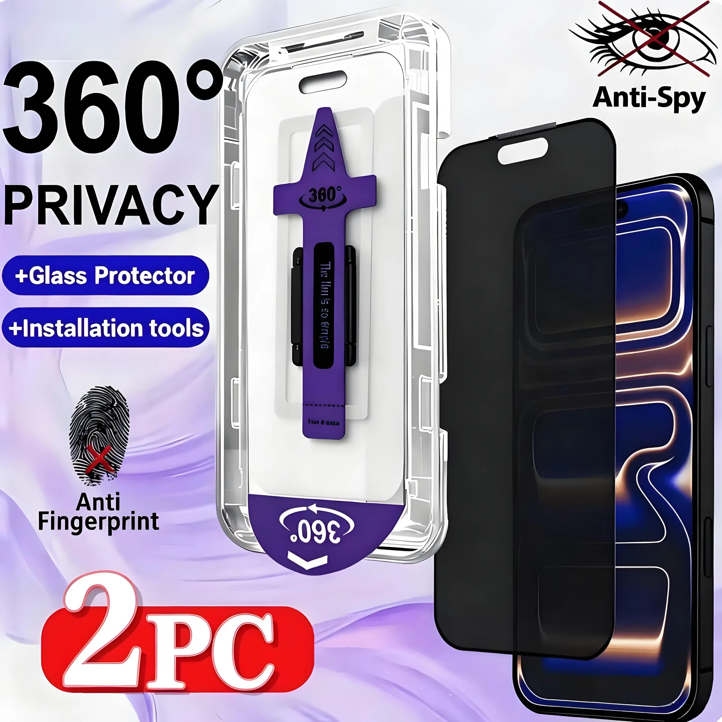 2-Pack 360° Anti-Spy Privacy Screen Protector Cellphone, Compatible withiPhone 11/12/13/14/15/16/17/Plus/Pro/Pro Max/17Air/16E Series, Anti-Fingerprint, Dustproof, Easy Installation