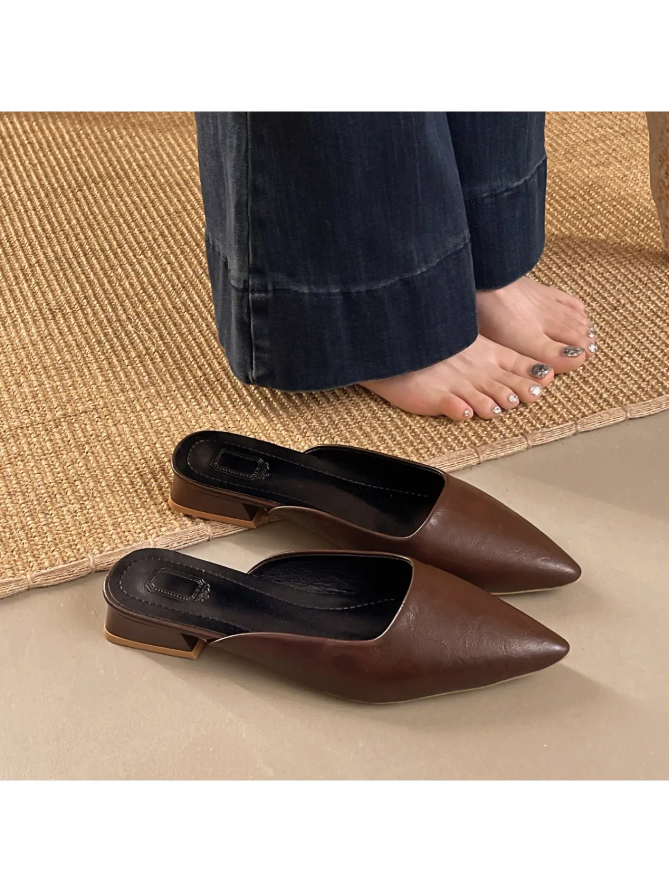 Women Vintage Soft Leather Pointed Toe Low Heel Mules, Backless Slip On Block Heel Slides Sandals, Multi Color Daily Commuter Office Dress Footwear, Mule Shoe, Pu Leather Mules, Elegant Footwear