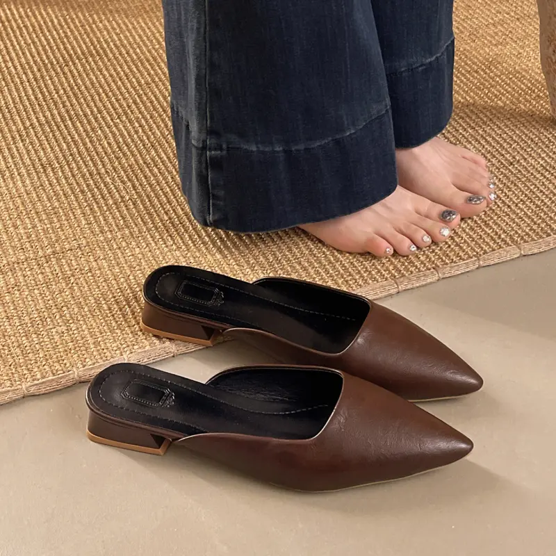 Women Vintage Soft Leather Pointed Toe Low Heel Mules, Backless Slip On Block Heel Slides Sandals, Multi Color Daily Commuter Office Dress Footwear, Mule Shoe, Pu Leather Mules, Elegant Footwear