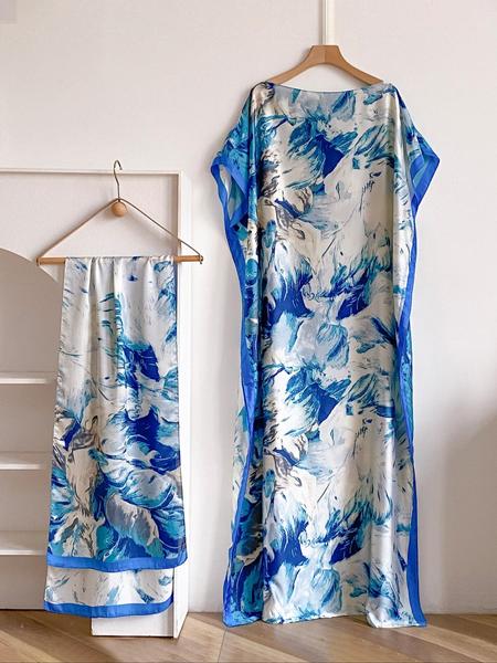 Women's Floral Print Long Sleeve Cape Shawl & Scarf Set, Elegant Casual Silk Scarf & Shawl Set for Beach Vacation, Boho Style Shawl, Fashion Accessories for Women