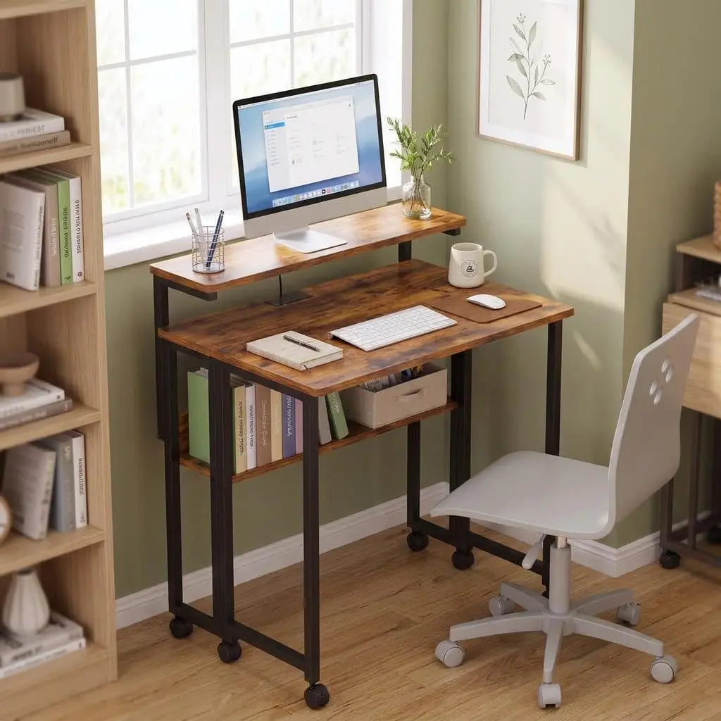 IdealHouse Collapsible Computer Desk with Ergonomic Monitor Stand, USB Charging Port, 24.8in Compact Space-Saving Design – Desk for Bedroom, Student Home Office Use