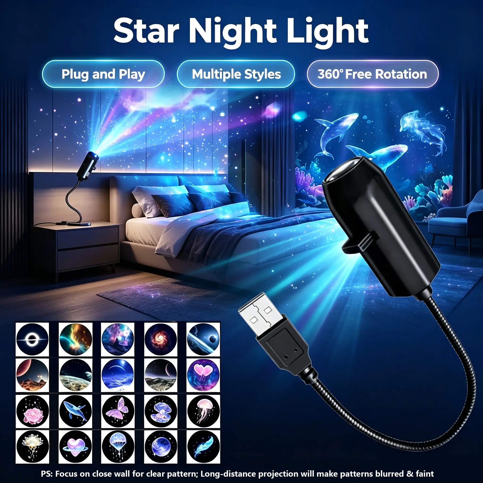 10-Piece Projector Set, Star Night Light, Atmosphere Light, Holographic Sky Lamp, Ocean Projector, USB Powered, Plug-And-Play, Bedroom Decor, Gift Idea