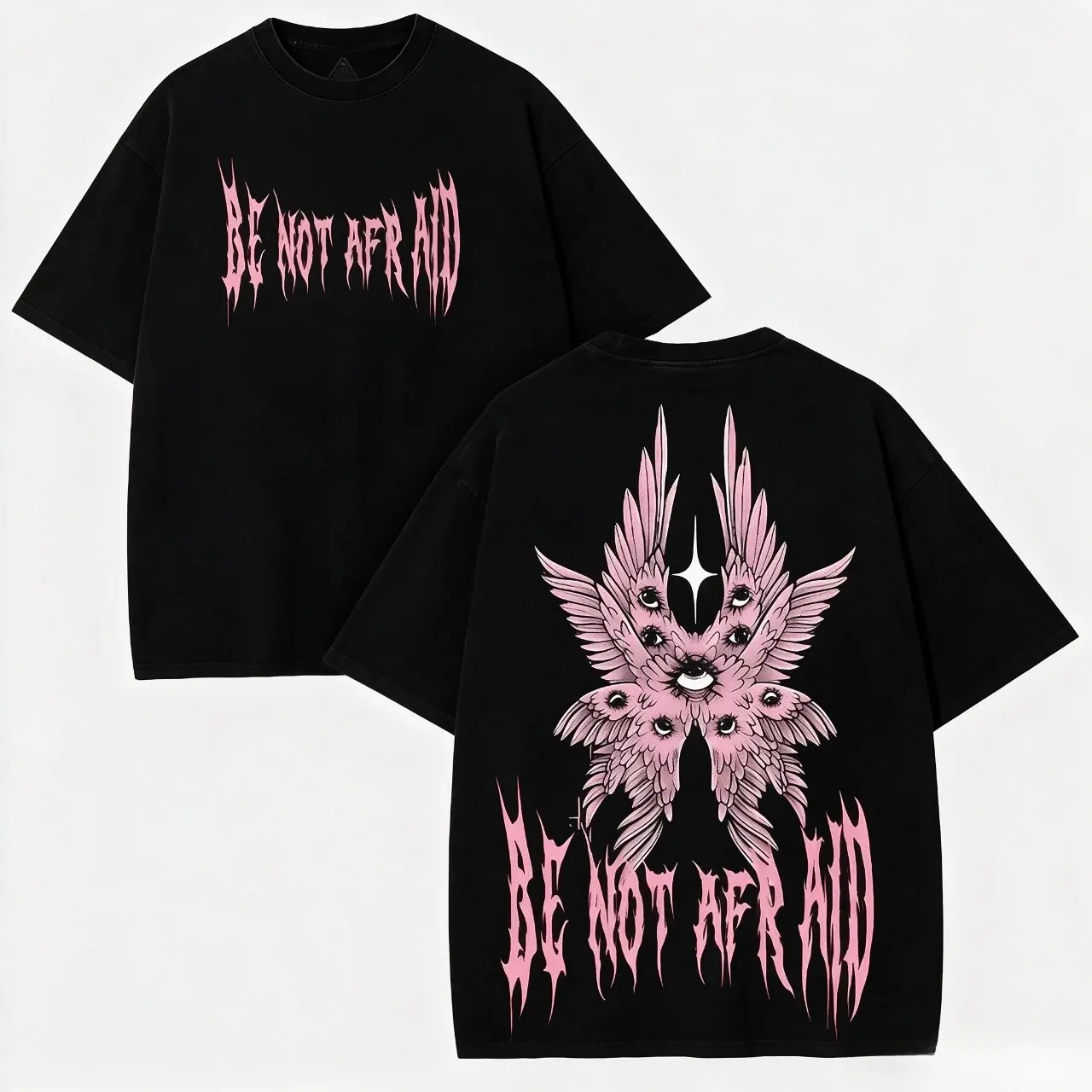 Women’s Gothic Seraphim Wings Graphic Tee, Be Not Afraid Pink Print Streetwear Top, Oversized Plus Size Goth Casual T-Shirt, Trendy Whimsical Angelic Fashion Apparel
