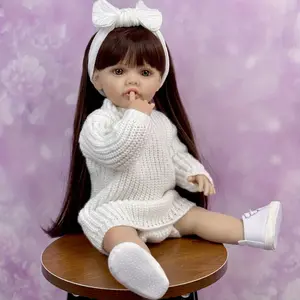 Whimsy & Wit-55cm/21.65inch Full Vinyl Body Reborn Baby Girl Doll Toy Dress Up Brown Long Hair Princess Toddler Doll for Child Lovely Birthday Gift Handmade Toy,Realistic Weighted Reborn Baby Doll,Realistic Poseable Reborn Baby Doll, Girlgift