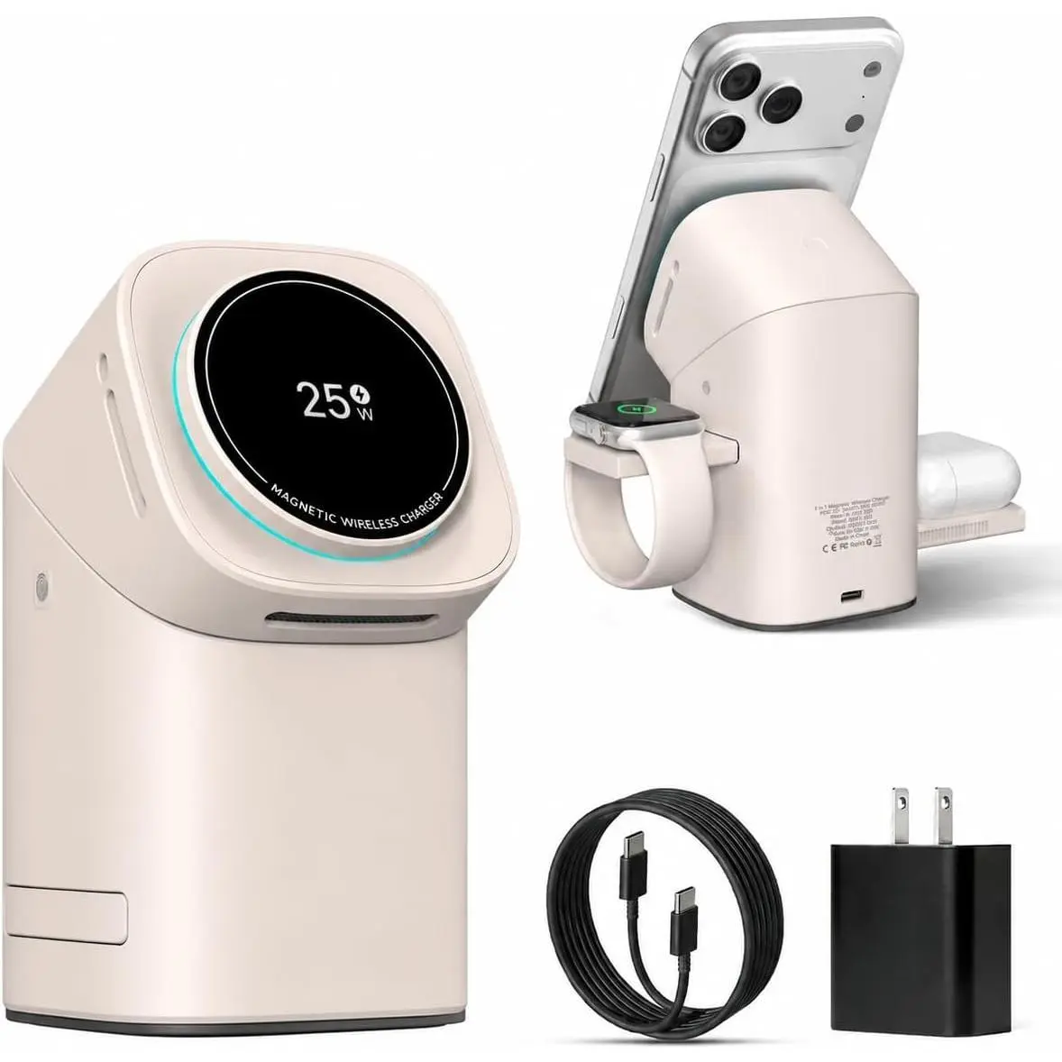 3 in 1   Station for  & , 25W    Charger Stand for Magsafe  17/16/15/14/13/12 Pro Max, Galaxy S25/24/23/22, AirPods, iWatch (with 45W Adapter)