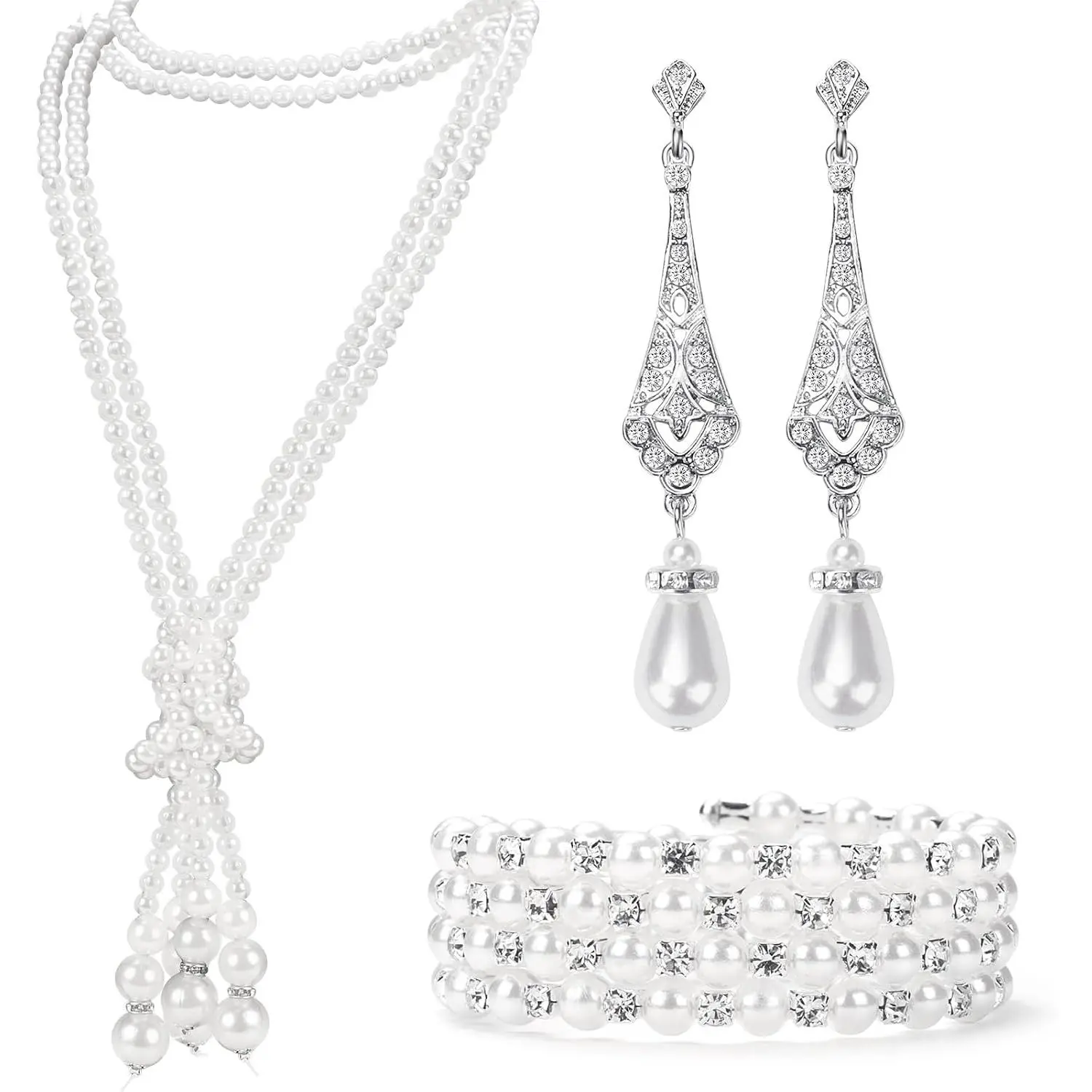 1920s   Set - Long  Necklace, Earring Set, Multilayer Bracelet - Flapper Accessories for Women