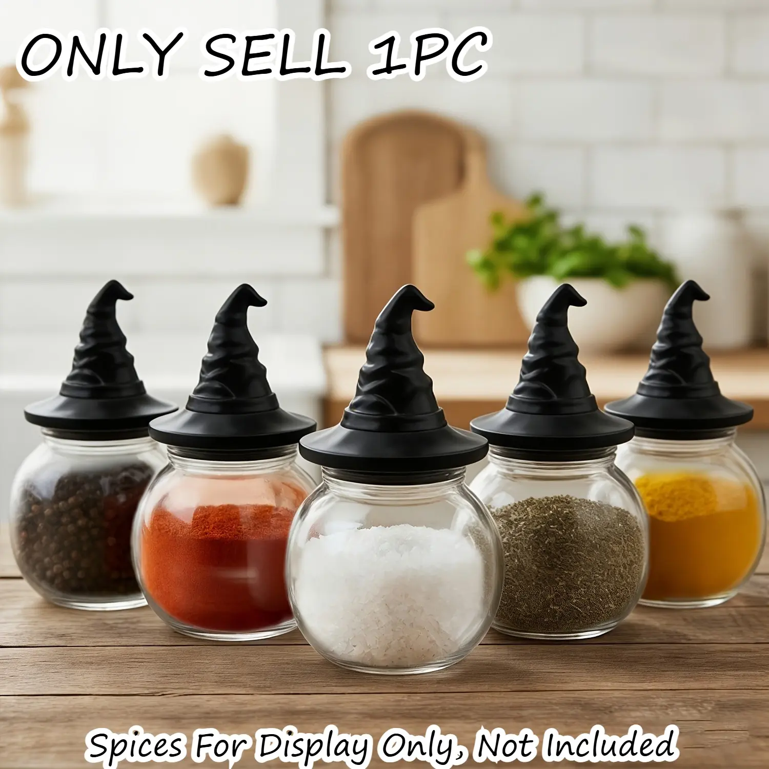 1Pc Witch Hat Glass Spice Jar, Glass Spice Jars With Airtight Lids, Halloween Decor Airtight Seasoning Canister For Salt Sugar Herb Spice Gothic Kitchen Home Decor For Fall Holiday Haunted House Party Cooking Lovers Indoor Tabletop Ornament Supplies