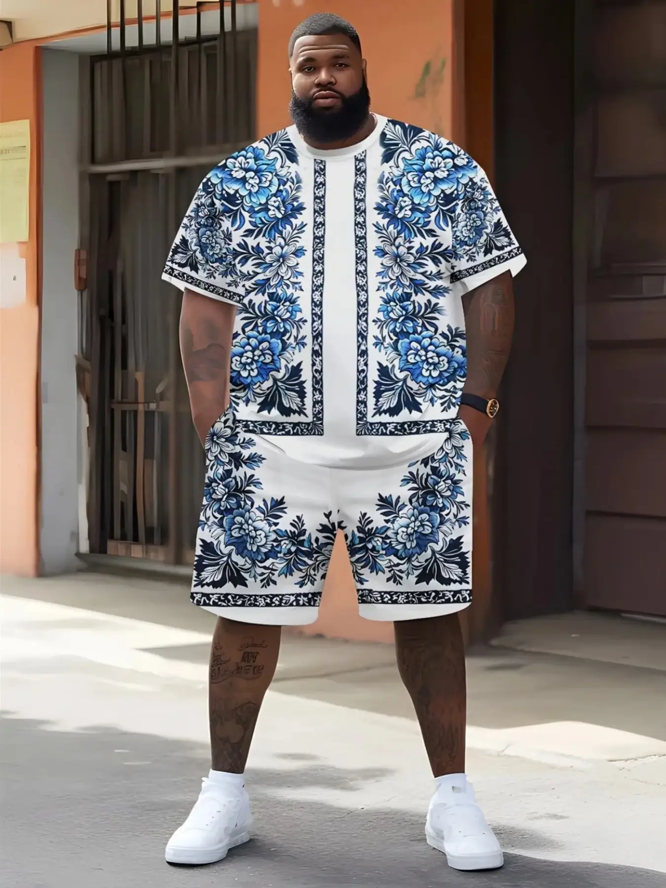 Men's Plus Size 3D Print Casual Two-Piece Set, Summer Fashion Blue Elements, Loose-Fitting T-Shirt and Drawstring Shorts