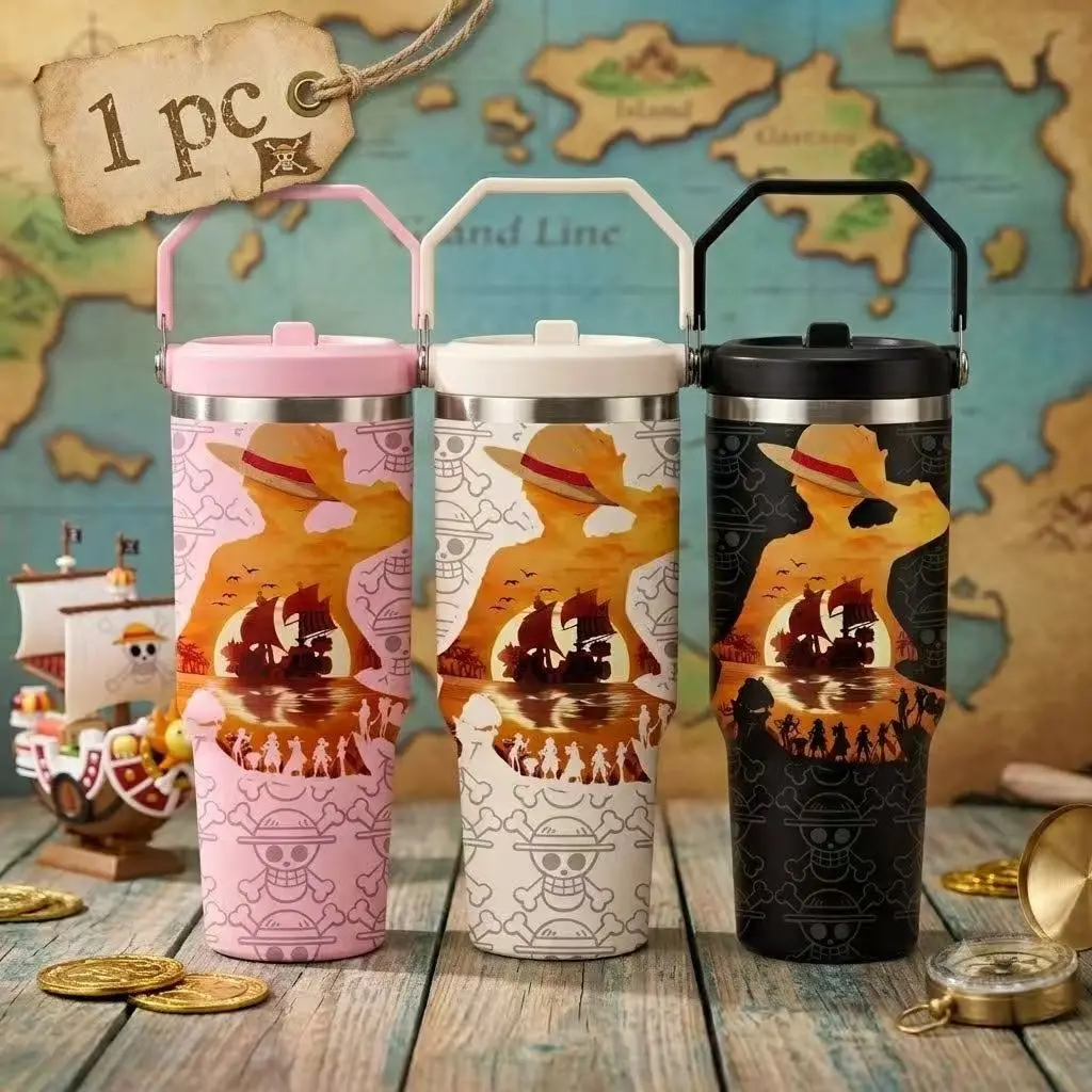 30oz Stainless Steel Pirate Adventure Tumbler with Handle & Straw, Double Wall Vacuum Insulated Travel Mug, Leakproof Coffee Cup, Ocean Voyage Print, Reusable Water Bottle Gift