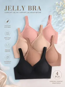 4 PCS Jelly Bra, Deep V Neck, Medium Support, Fitted, Lined, No Underwire, Comfortable Daily Wear, Breathable, Women's Bras