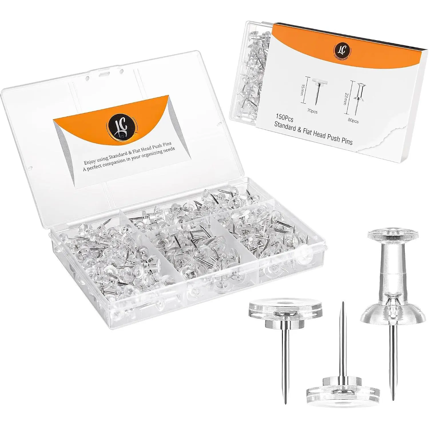 150 Pack  Clear Push Pins by  for Bulletin Board, Wall , Cork Board, Shadow Box Display - Includes Flat  Thumbtacks & Standard Pushpins in Plastic Resuable Storage Box.