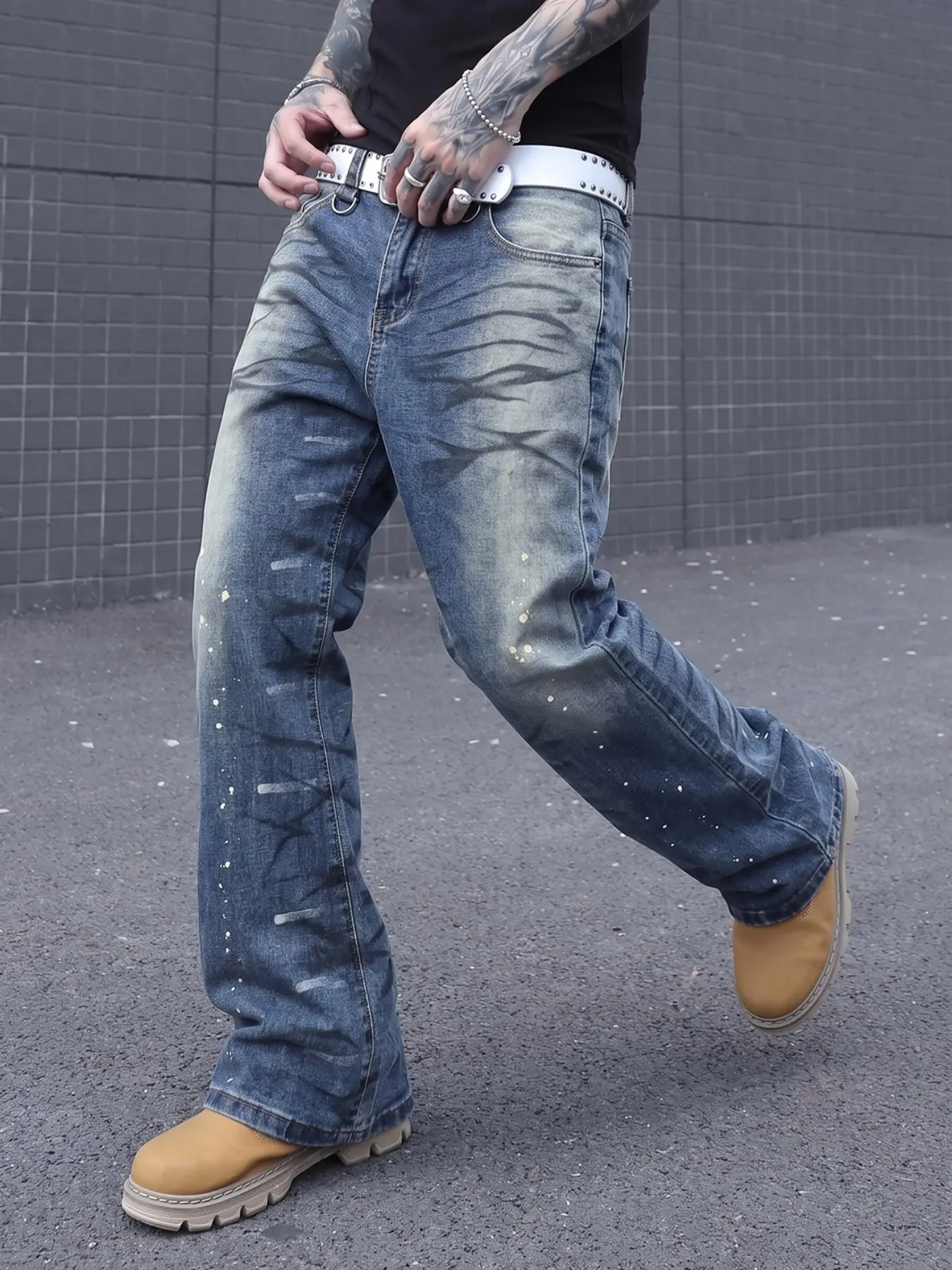 American Millennial High Street Gradient Blue Tiger Stripe Jeans, Metal D-Ring Pockets, Elastic Loose Fit, All Season Long Pants
