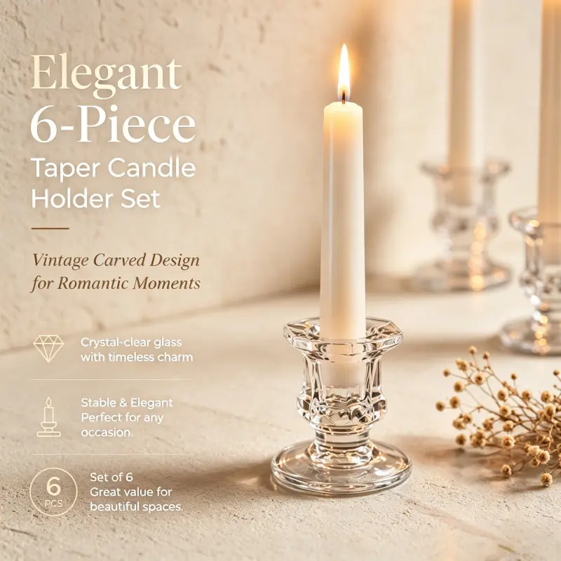 6 pack vintage carved crystal taper candle holders transparent glass candlestick set romantic table centerpiece decor for dinner wedding party home decoration Candle Holders for Candlesticks