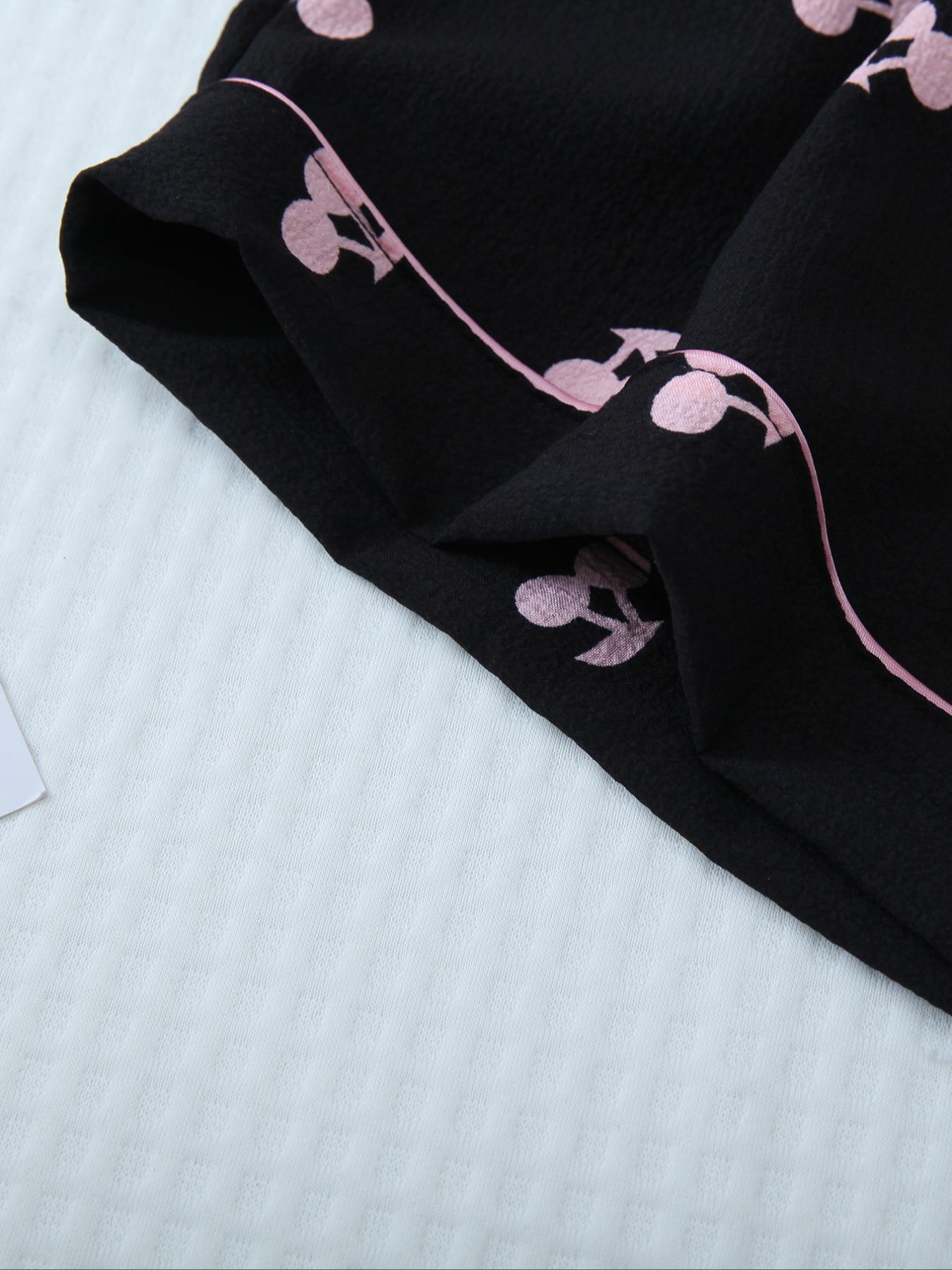 Two-Piece Set Women's Cherry Print Contrast Binding Lapel Shirt & Bow Decor Shorts Pyjama Set, Button Front Short Sleeve Sleep Top & Elastic Waist Shorts PJ Set, Summer Sleepwear Set for Ladies, Pajamas, Loungewear