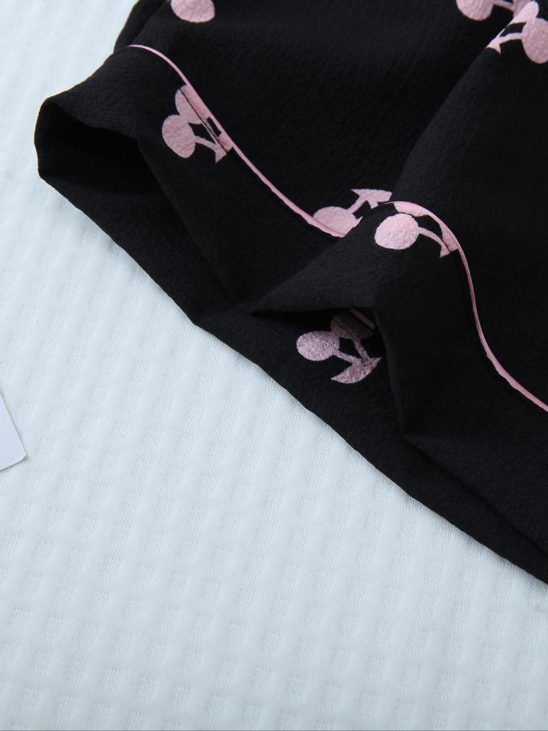 Two-Piece Set Women's Cherry Print Contrast Binding Lapel Shirt & Bow Decor Shorts Pyjama Set, Button Front Short Sleeve Sleep Top & Elastic Waist Shorts PJ Set, Summer Sleepwear Set for Ladies, Pajamas, Loungewear