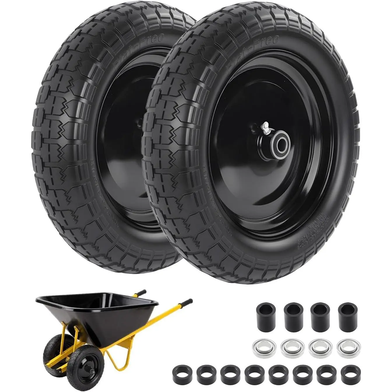 4.80/4.00-8 wheelbarrow tire, 14.5" Flat Free Solid Tire and Wheel | 3" Centered Hub, 5/8" & 3/4" Bearings, Universal Replacement for Garden Carts Wagon Wheel Barrow, 2 Pack
