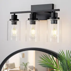 Black 3-Light Bathroom Vanity Light Fixtures, Modern Farmhouse Rustic Industrial Over Mirror Wall Lighting Sconces, E26 Socket Wall Lamp with Glass Shade for Bathroom Bedroom Living Room