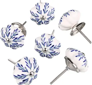 6 Pieces Vintage Shabby Knobs White and Blue Floral Hand Painted Ceramic Pumpkin Cupboard Wardrobe Cabinet Drawer Door Handles Pulls Knob, Pachira Macrocarpa